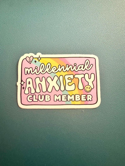 Millennial Anxiety Club Member Sticker, Anxiety Sticker, Mental Health Water Bottle Sticker, Elder Millennial, 90s Kids, Waterproof Sticker