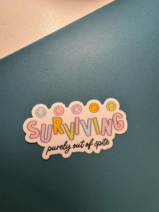 Surviving Purely Out Of Spite Sticker, Pastel Rainbow Sticker, Smiley Faces, Snarky Sticker, Sarcastic Humor, Mental Health Sticker