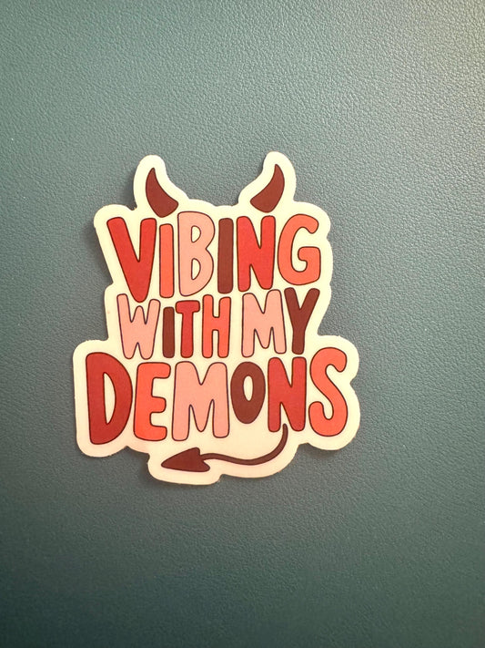 Vibing With My Demons Sticker, Sarcastic Sticker, Adult Humor, Devil Horns Sticker, Waterproof Sticker, Decal, Kindle Sticker, Mental Health