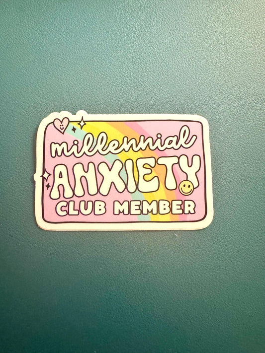 Millennial Anxiety Club Member Sticker, Anxiety Sticker, Mental Health Water Bottle Sticker, Elder Millennial, 90s Kids, Waterproof Sticker