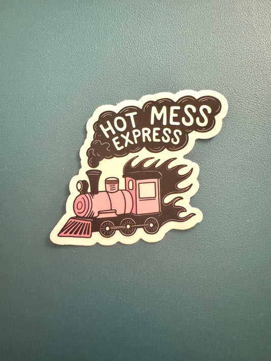 Hot Mess Express Vinyl Sticker, Steam Train Sticker, Black and Pink Train Sticker, Mental Health Decal, Water Bottle Sticker, Laptop Sticker