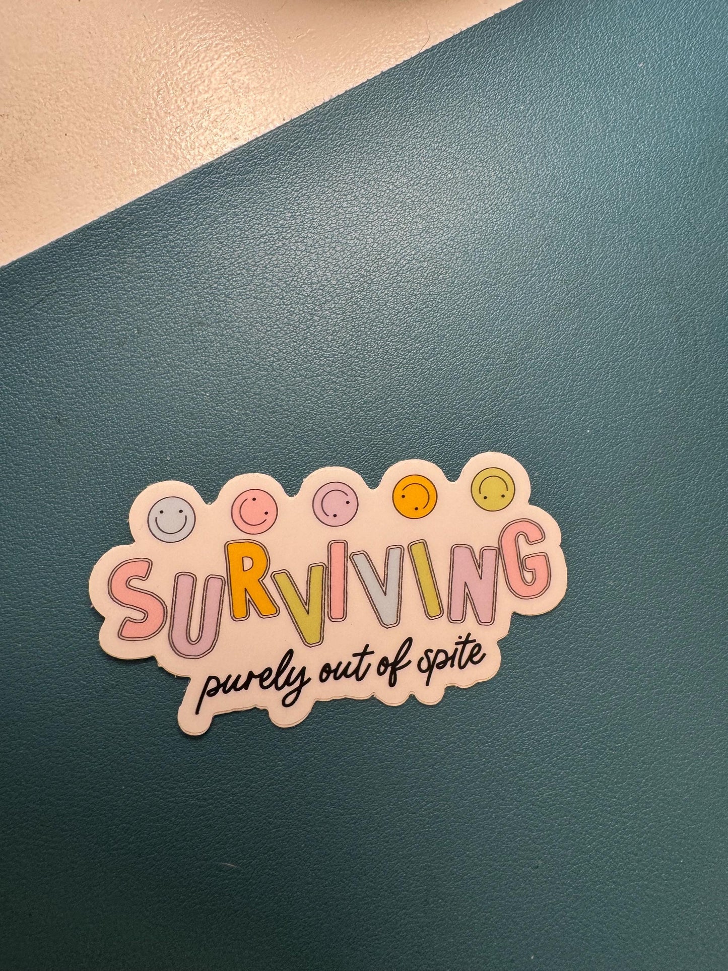 Surviving Purely Out Of Spite Sticker, Pastel Rainbow Sticker, Smiley Faces, Snarky Sticker, Sarcastic Humor, Mental Health Sticker