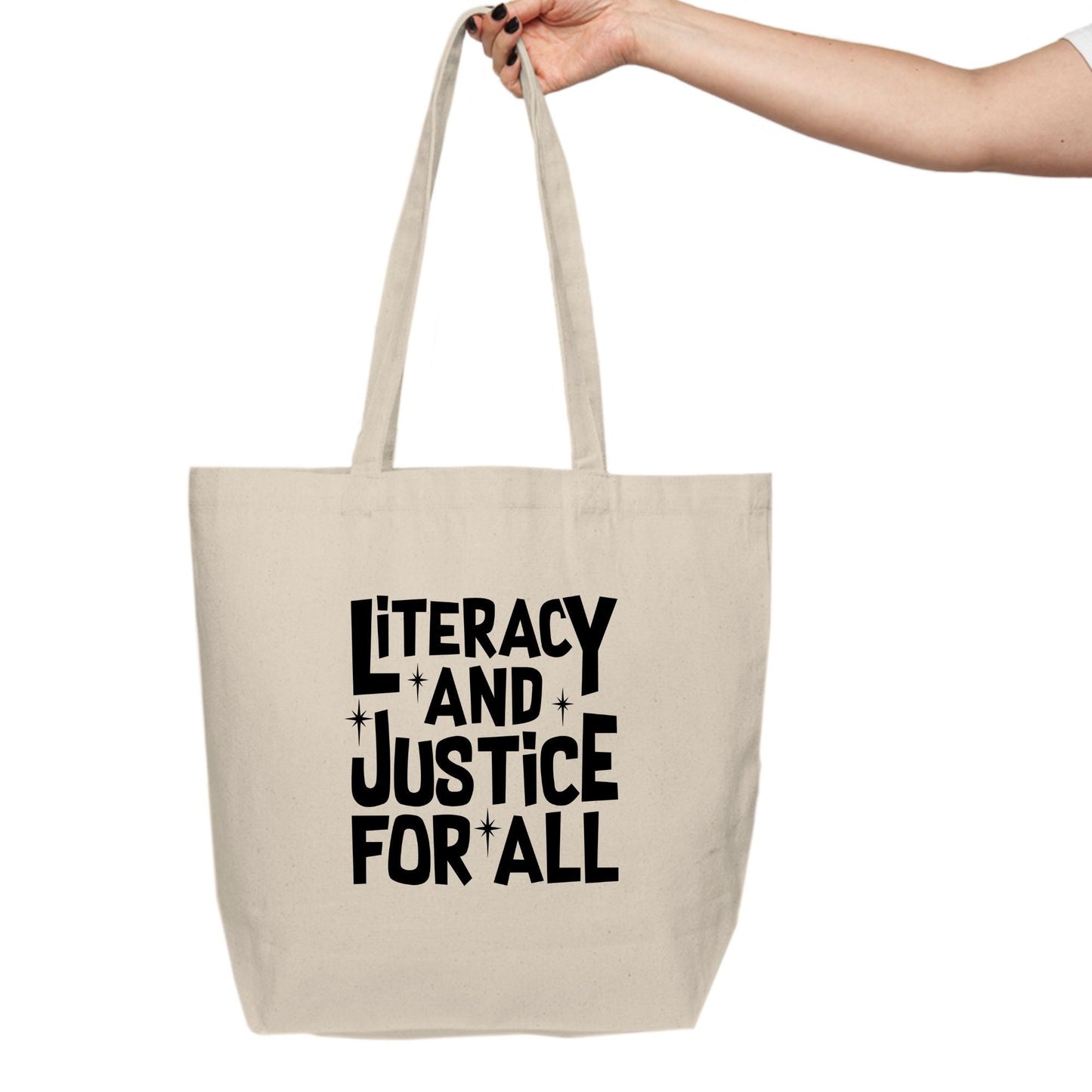 Literacy and Justice for All Tote Bag, Read Banned Books, Fund School Libraries, Fund Public Education, Fight Back, Liberal, Library Tote