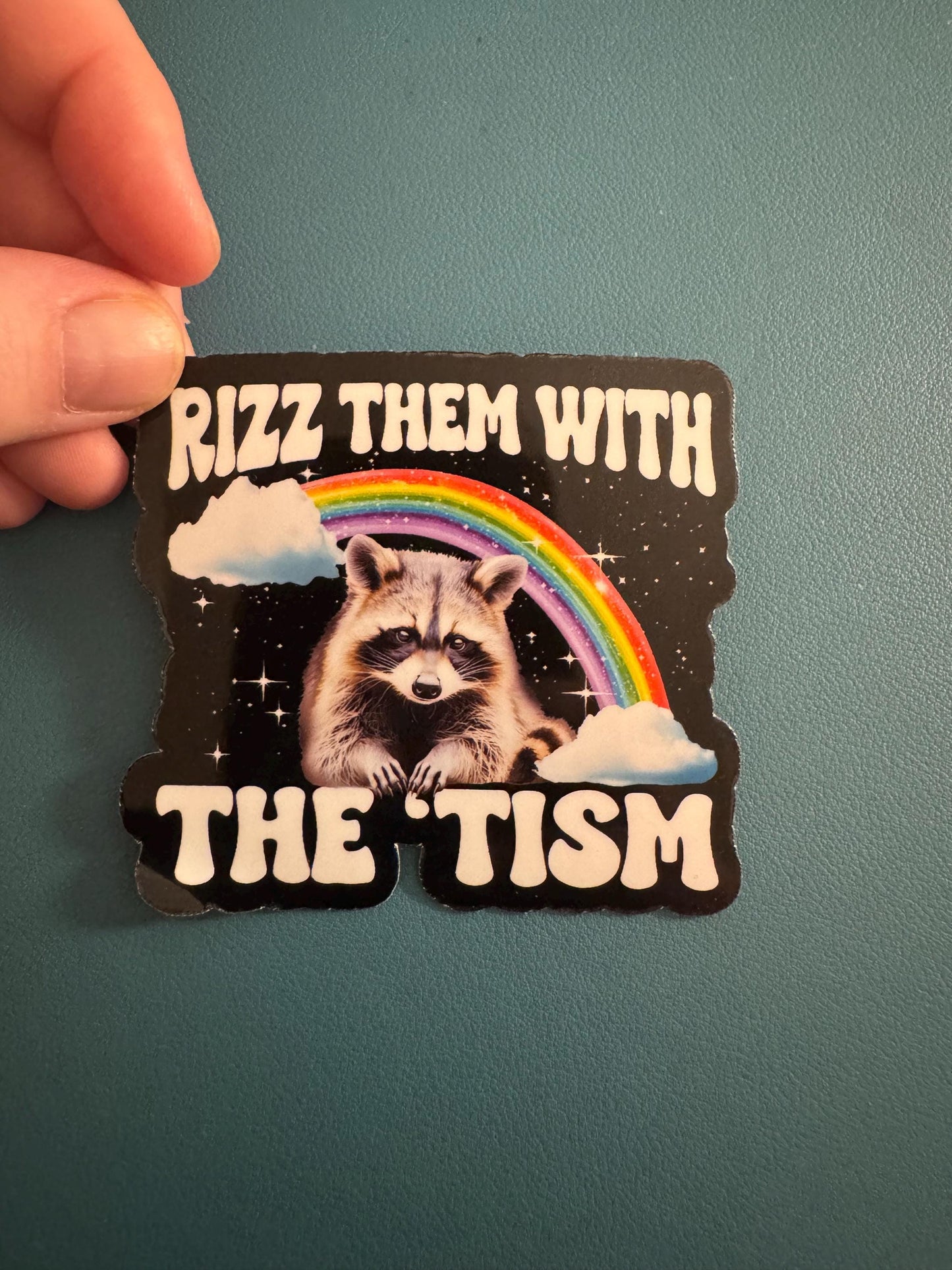 Rizz Them With The 'Tism Vinyl Sticker, Neurodivergent Humor, Autism Humor, Autism Awareness, Raccoon Sticker, Rainbow Raccoon