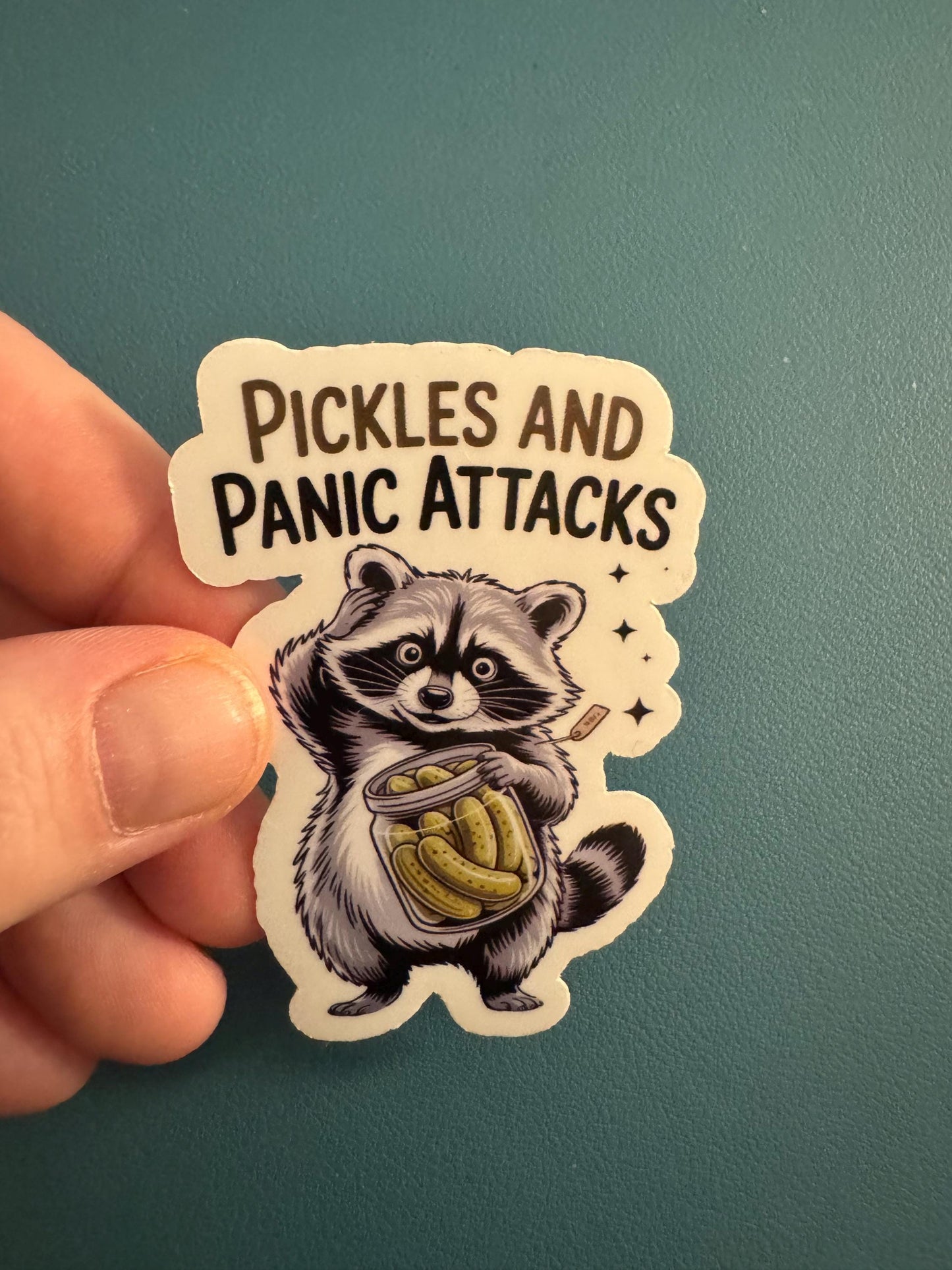 Pickles and Panic Attacks Waterproof Sticker, Raccoon with a Jar of Pickles, Funny Mental Health Sticker