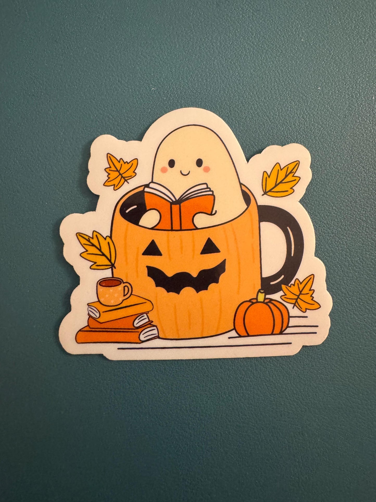 Ghost Reading a Book Waterproof Sticker, Pumpkin Mug, Spooky Season, Vinyl Halloween Sticker, Fall Themed