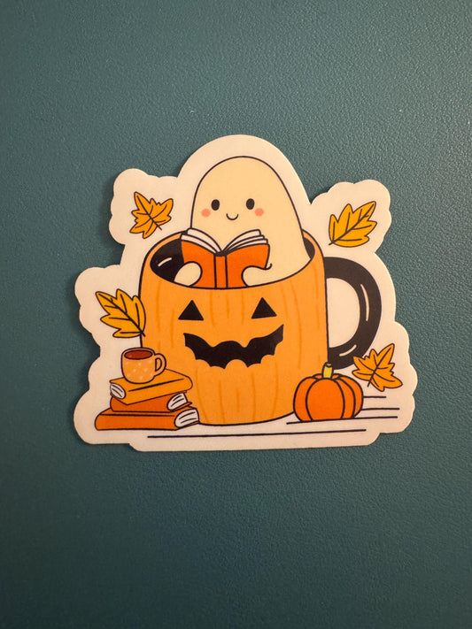 Ghost Reading a Book Waterproof Sticker, Pumpkin Mug, Spooky Season, Vinyl Halloween Sticker, Fall Themed