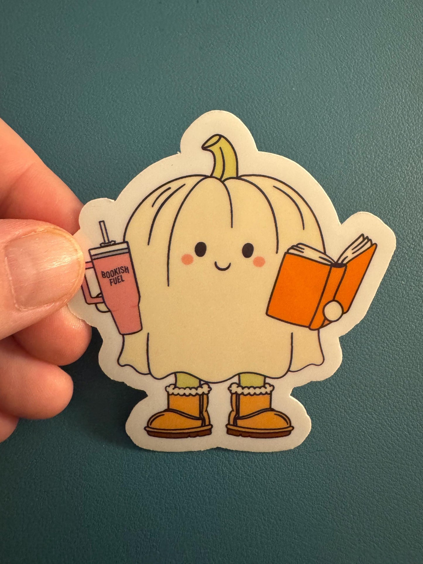 Ghost Reading a Book Waterproof Sticker, Iced Coffee Ghost, Spooky Season, Vinyl Halloween Sticker, Fall Themed, Bookish Fuel