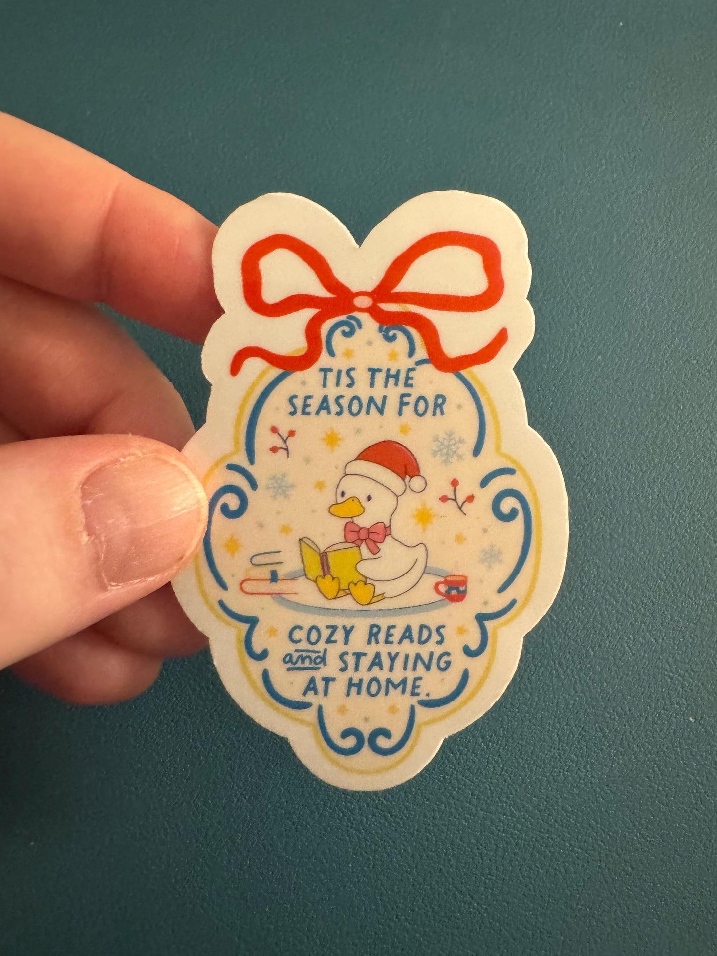 Tis The Season For Cozy Reads and Stay at Home Waterproof Sticker, Duck Reading Books, Christmas Themed Sticker