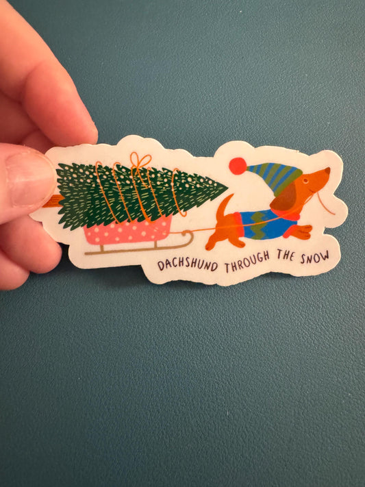 Dachshund Through The Snow Waterproof Sticker, Dog Christmas Vinyl Decal, Christmas Tree, Sled Sticker
