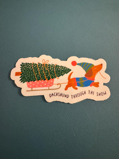 Dachshund Through The Snow Waterproof Sticker, Dog Christmas Vinyl Decal, Christmas Tree, Sled Sticker