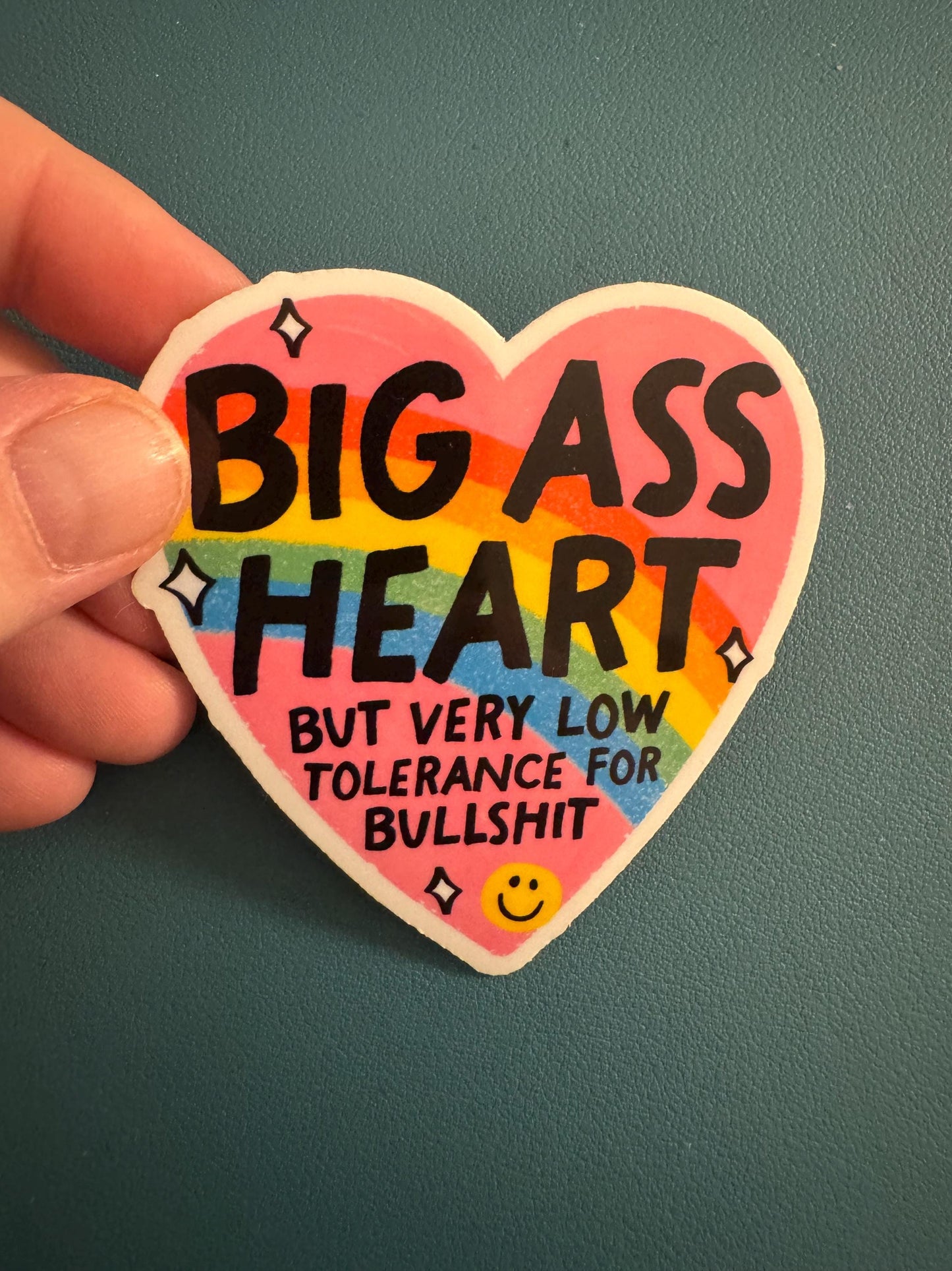 Big Ass Heart But Very Low Tolerance For Bullshit Vinyl Sticker, Rainbow Heart Sticker, Sassy, Sarcastic Waterproof Decal