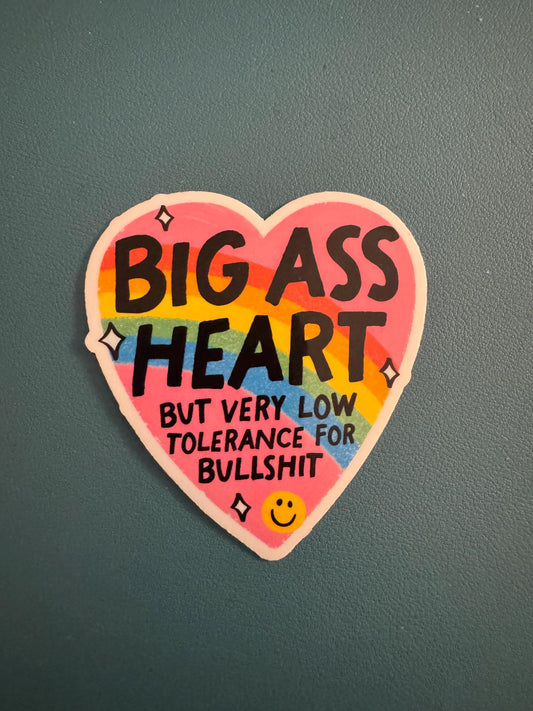 Big Ass Heart But Very Low Tolerance For Bullshit Vinyl Sticker, Rainbow Heart Sticker, Sassy, Sarcastic Waterproof Decal