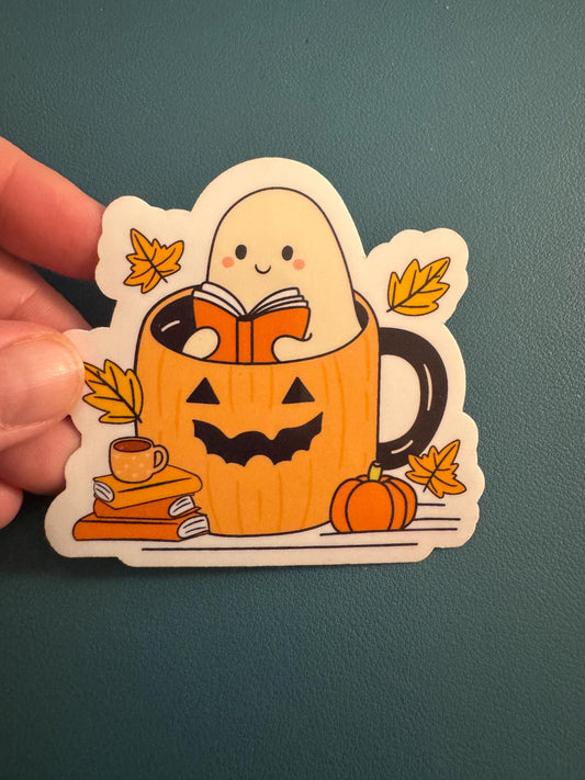 Ghost Reading a Book Waterproof Sticker, Pumpkin Mug, Spooky Season, Vinyl Halloween Sticker, Fall Themed